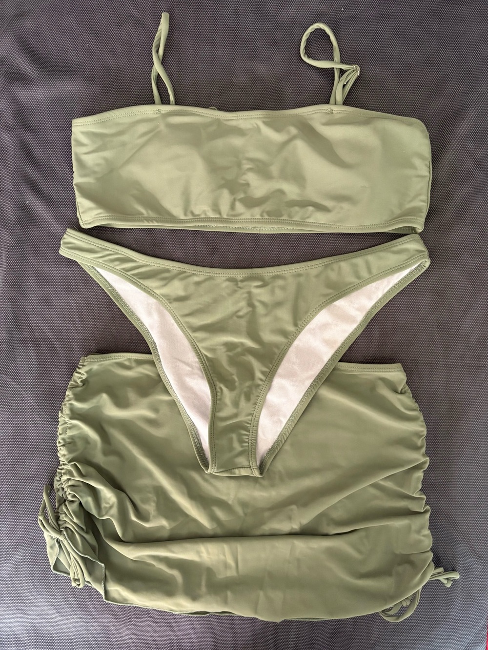 SHEIN Sage Green 3-Piece Bikini Set with Matching Ruched Cover-Up Size Large